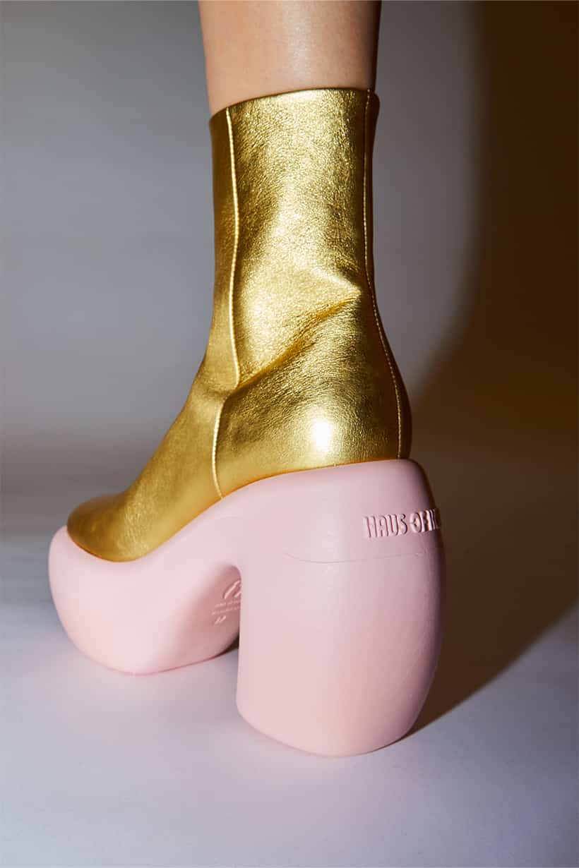 Close-up of Honey Bubble ankle boot in gold