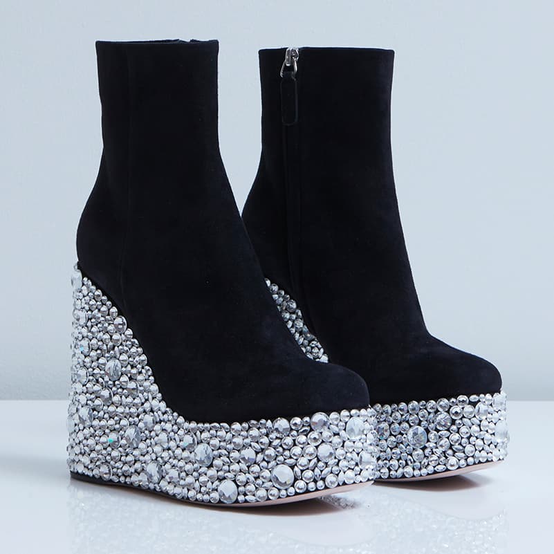 Croco Crystal ankle boot with wedge heel in black profile