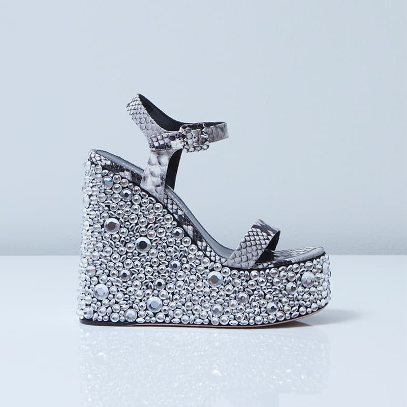 Croco Crystal sandal in python with wedge heel in profile