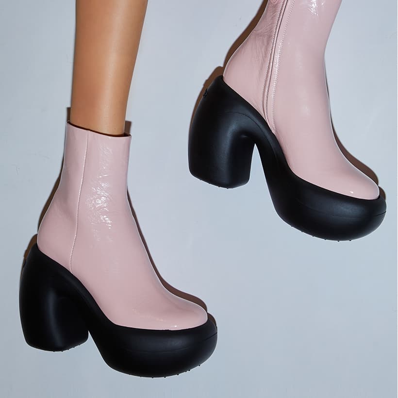 Honey Bubble ankle boot pink being worn