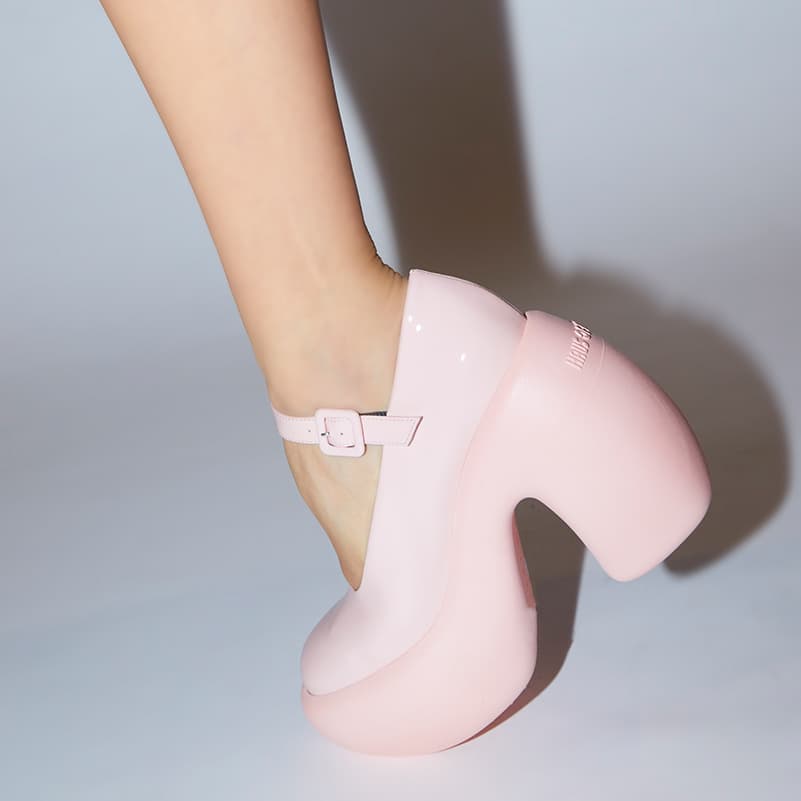 Honey Bubble mary jane in pink patent worn on a foot