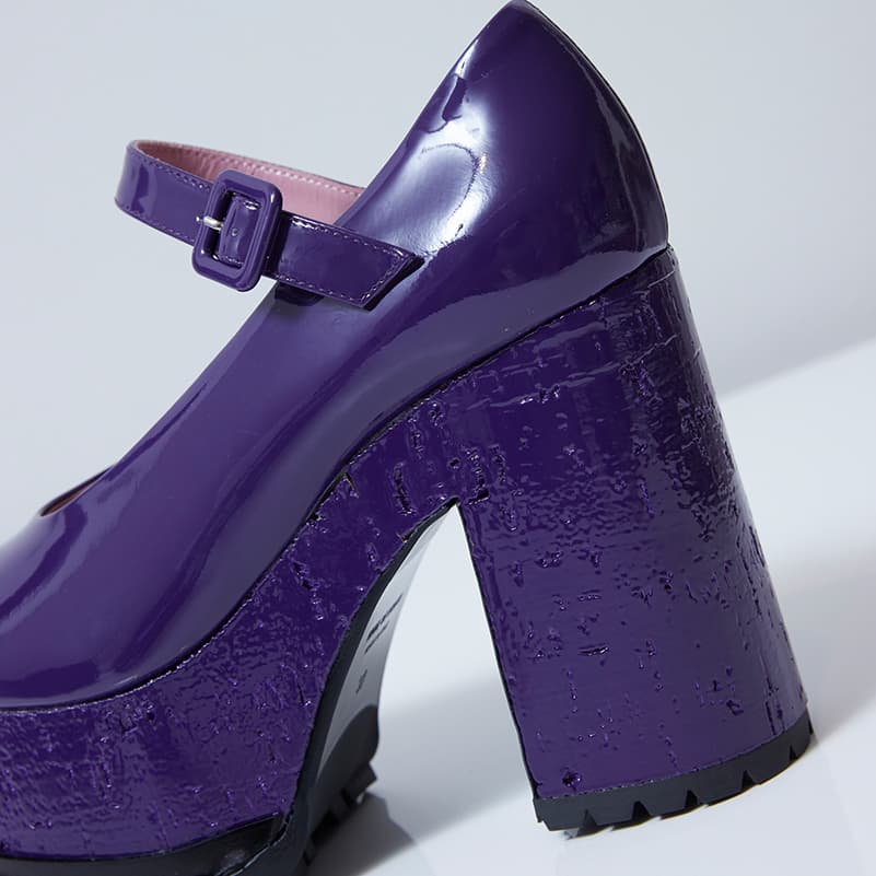 Close-up of Lacquer Doll mary jane purple patent leather