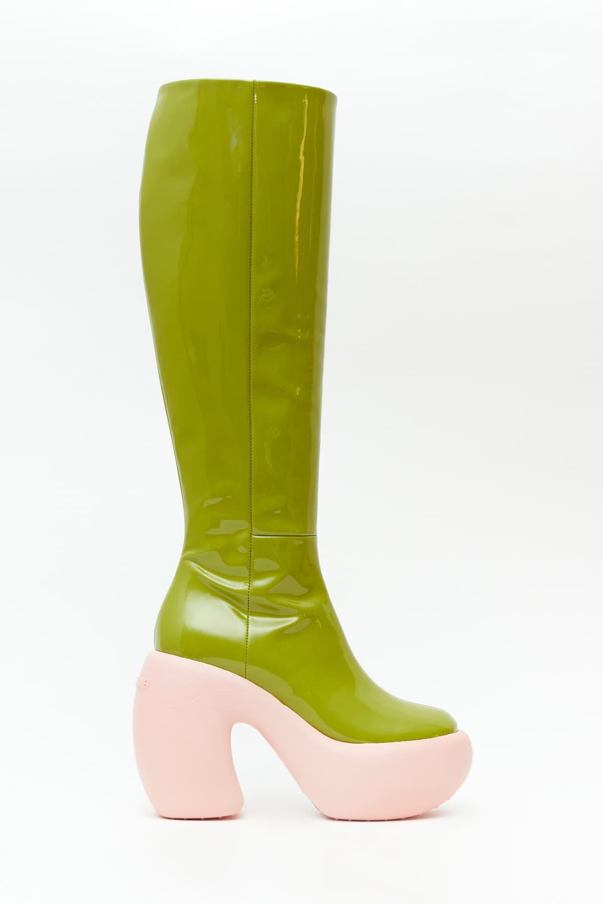 Sideview of Honey Bubble Boot in green with pink rubber sole from the Haus of Honey fall-winter 2023-24