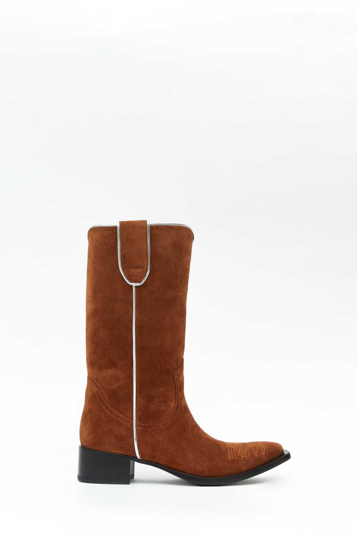 Sideview of Taxhoney boot in velour cognac from the Haus of Honey fall-winter 2023-24