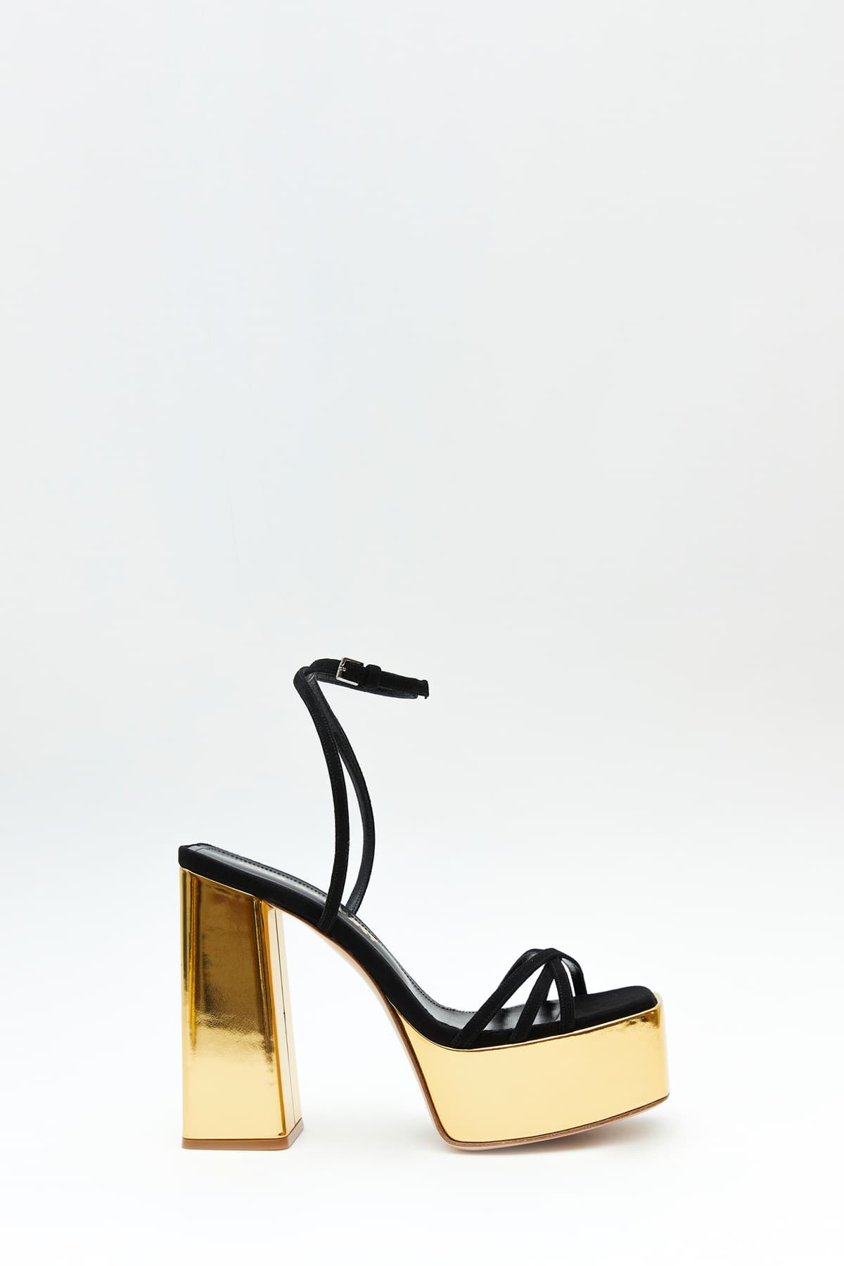 Sideview of The Wannabe sandal in gold and black from the Haus of Honey fall-winter 2023-24