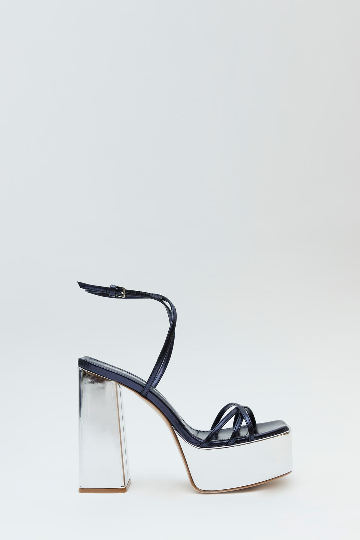 Sideview of The Wannabe sandal in silver and blue from the Haus of Honey fall-winter 2023-24