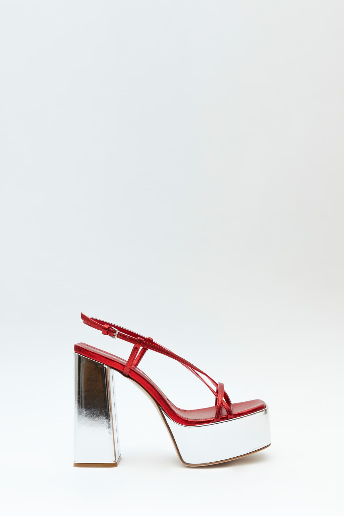 Sideview of The Wannabe sandal in metal red and silver from the Haus of Honey fall-winter 2023-24